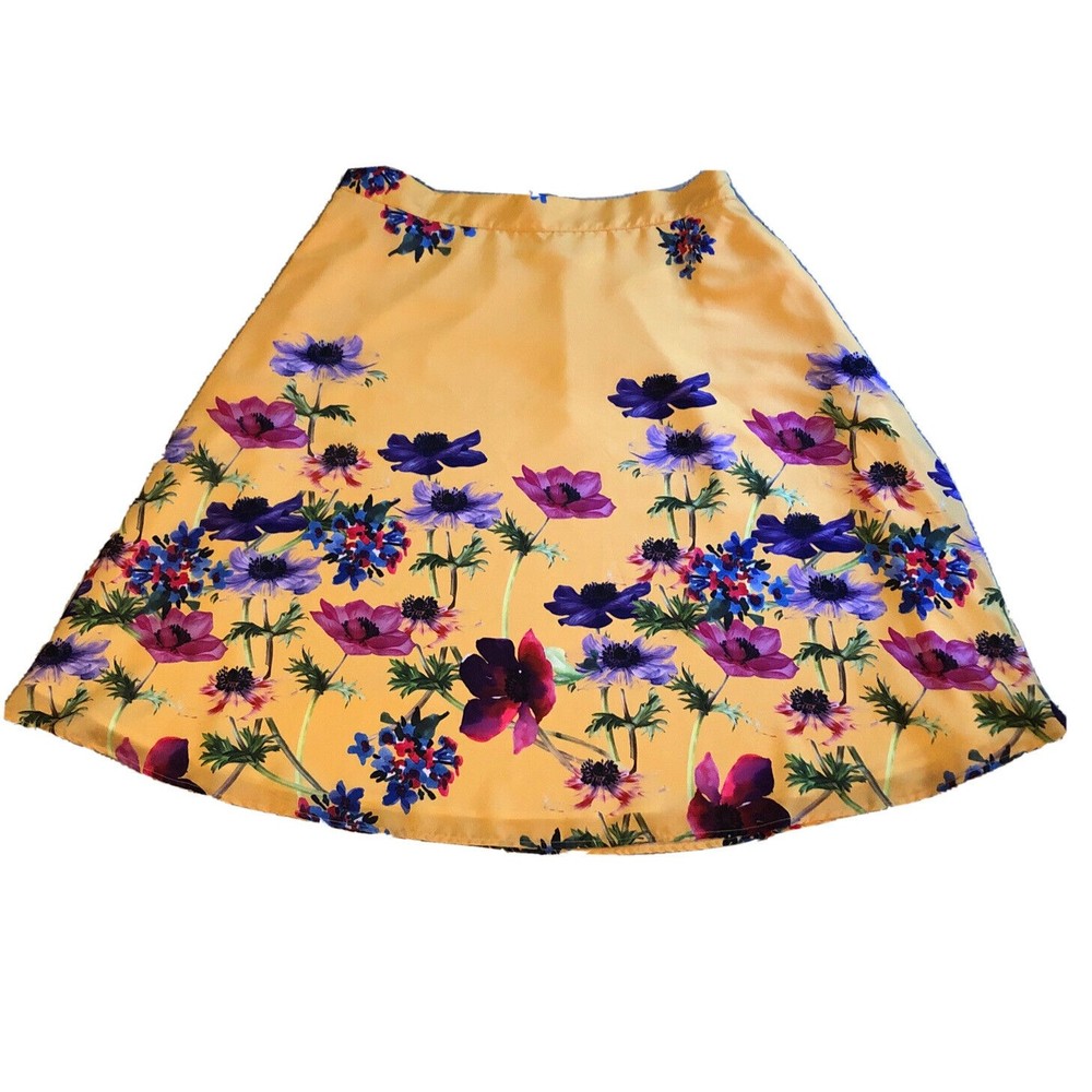 Modcloth Yellow Floral A-Line Skirt with Purple & Pink Blooms